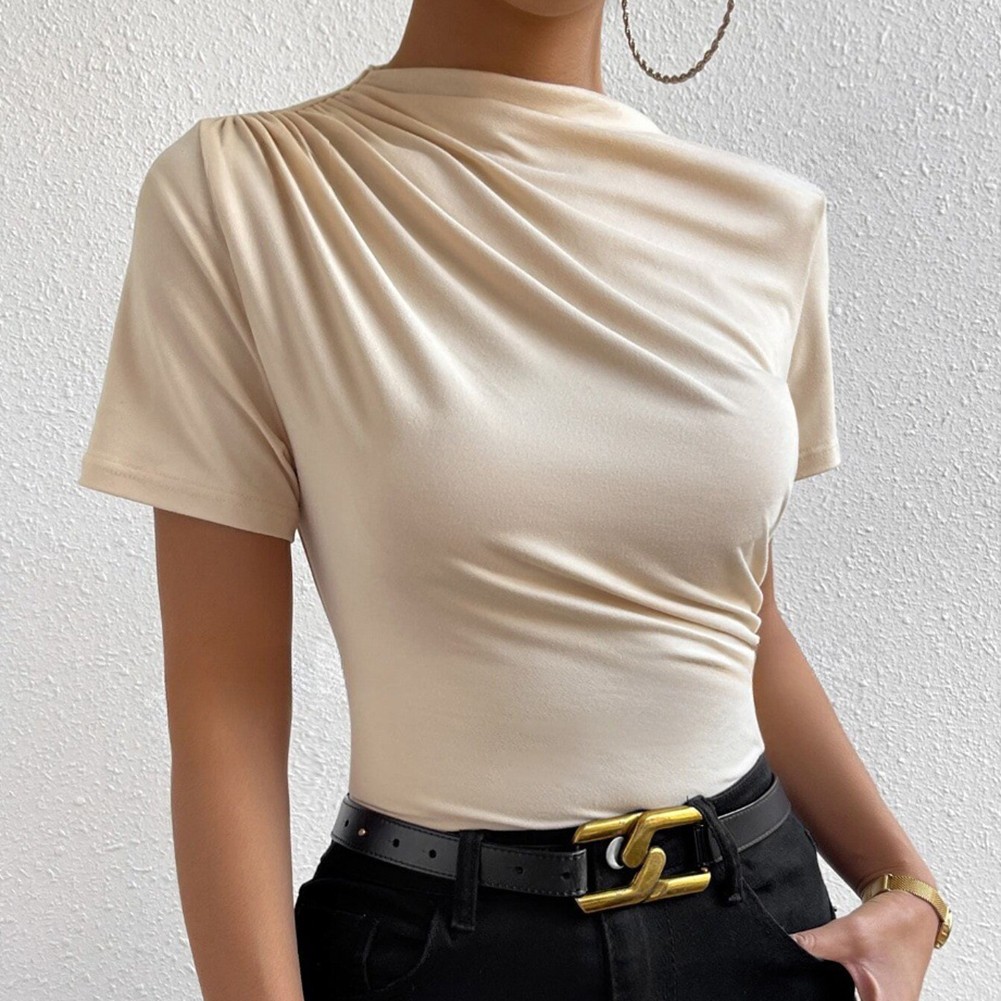 Women Short Sleeve High Neck Pleated Top Solid Color Slim Fit for Club Holiday - Picture 8 of 17