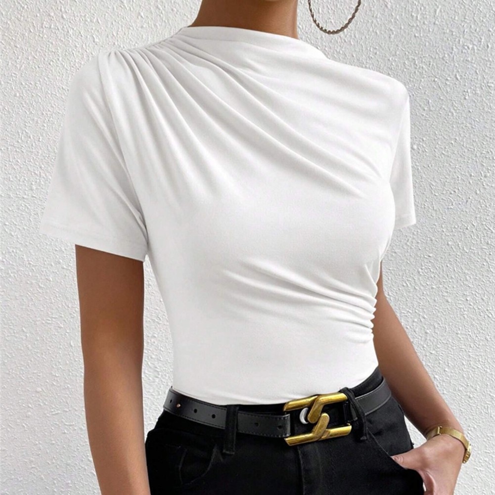 Women Short Sleeve High Neck Pleated Top Solid Color Slim Fit for Club Holiday - Picture 6 of 17