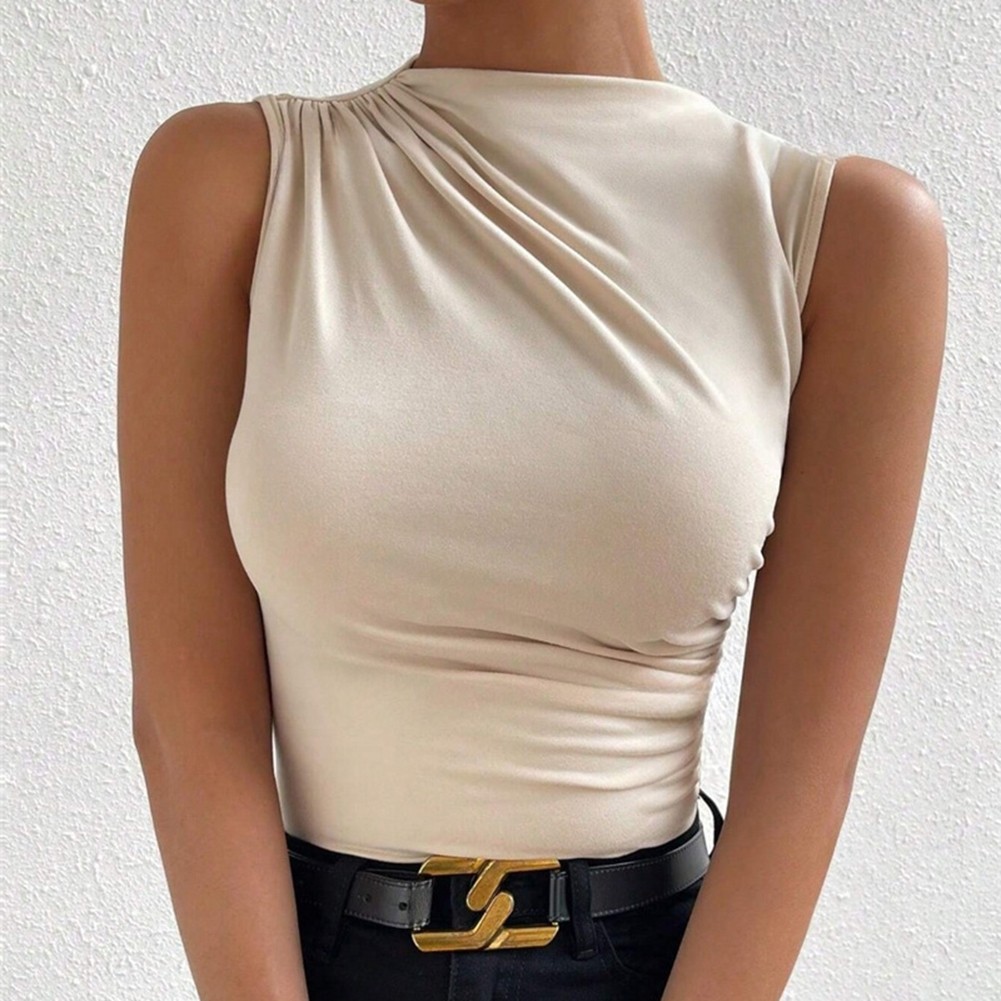 Pleated Sleeveless Pullover Top for Women Casual Solid Color Half High Neck - Picture 8 of 14