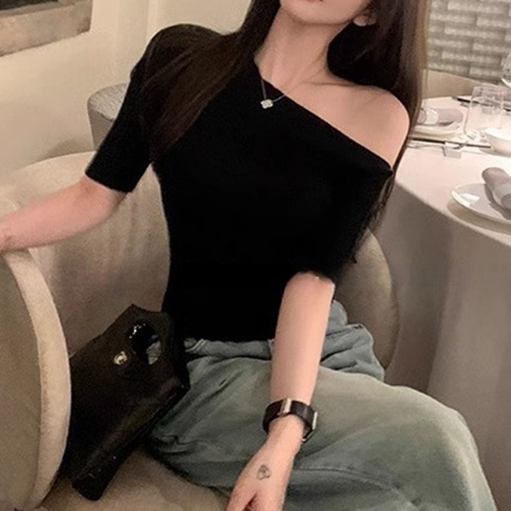 Solid Color Women Off Shoulder Slim Short Sleeve Knitted T Shirt Summer Casual - Picture 29 of 42