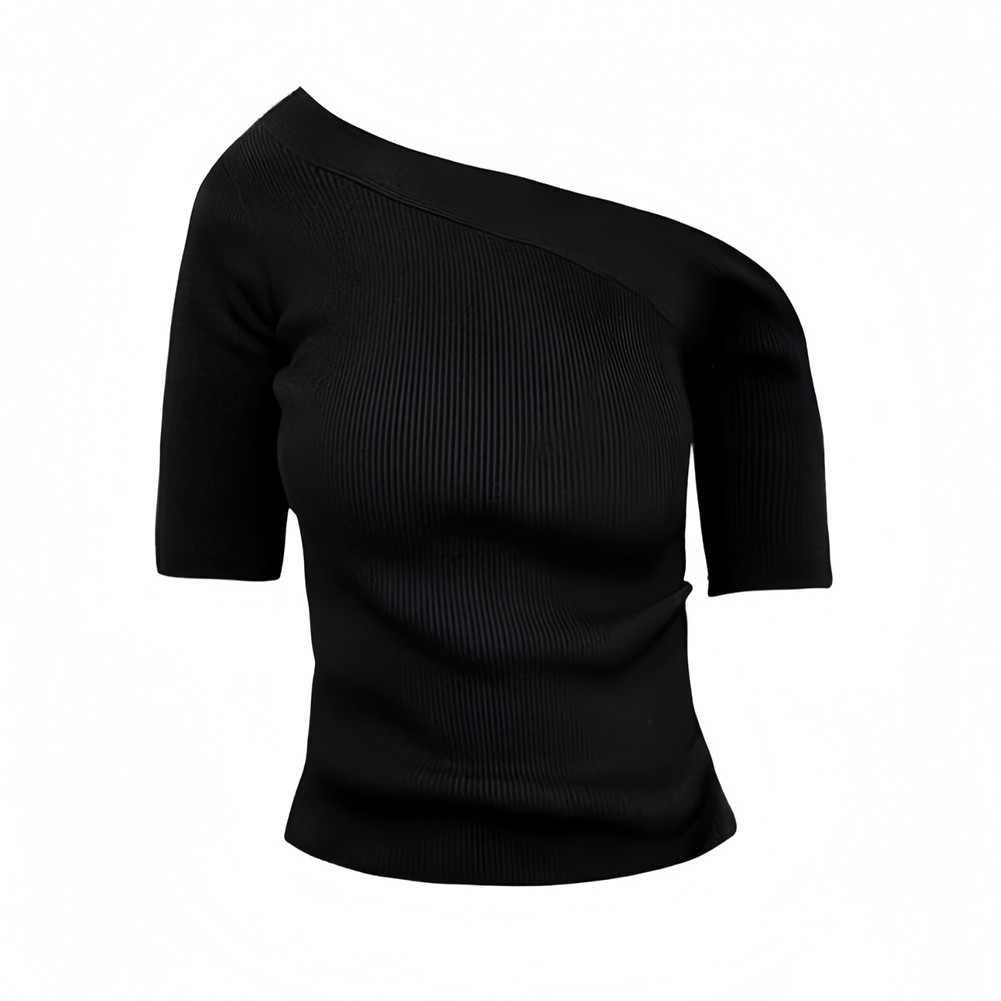Solid Color Women Off Shoulder Slim Short Sleeve Knitted T Shirt Summer Casual - Picture 30 of 42