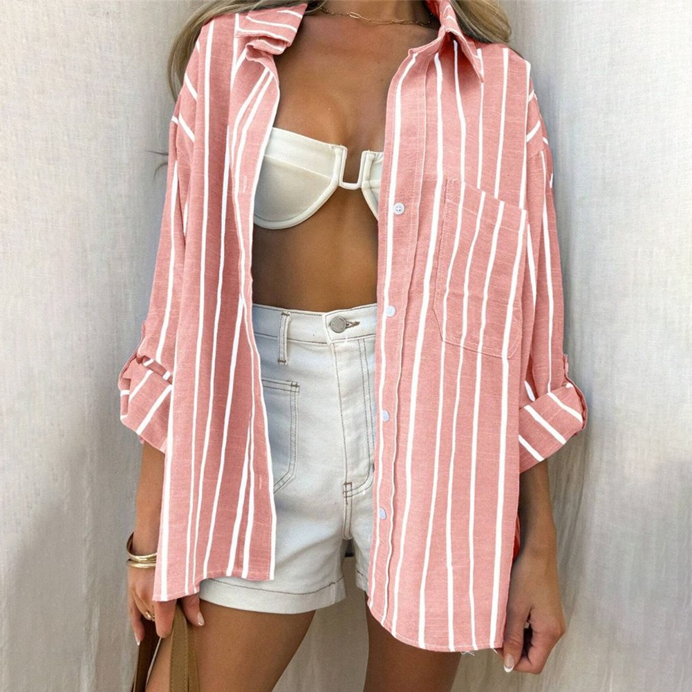 Striped Casual Shirt for Women Long Sleeve Loose Collar Polyester Fabric Top - Picture 5 of 13