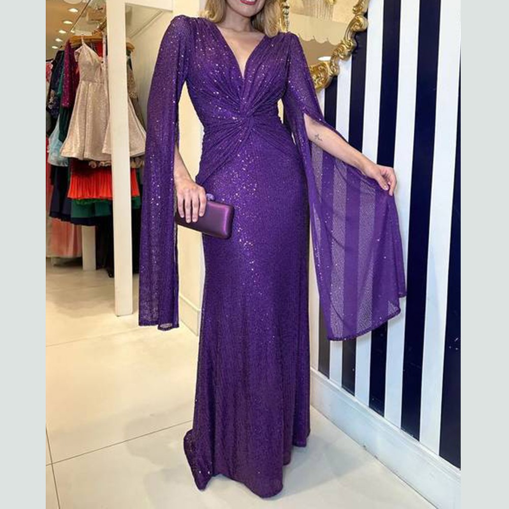 Women Party Dress Deep V Neck Long Sleeve Sequin Maxi Dress Elegant Style - Picture 14 of 20