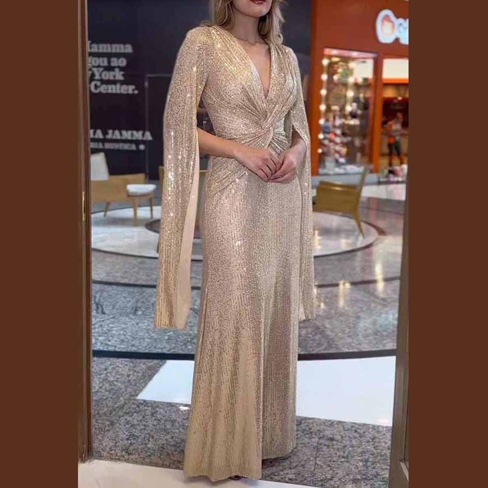 Women Long Sleeve Sequin Maxi Dress Deep V Neck Party Dress with Draped Sleeves