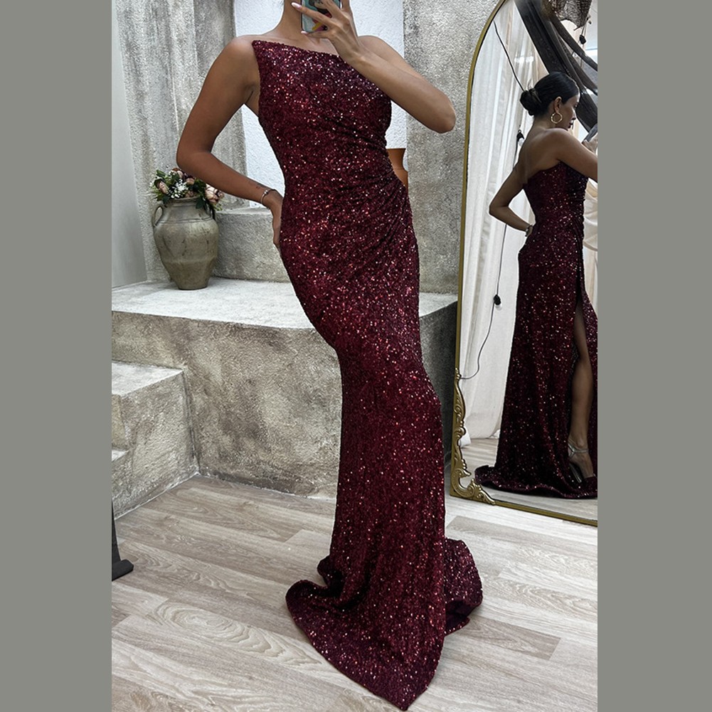 Womens Solid Sequin Strapless Party Dress with Long Split Wrinkles Design - Picture 16 of 32