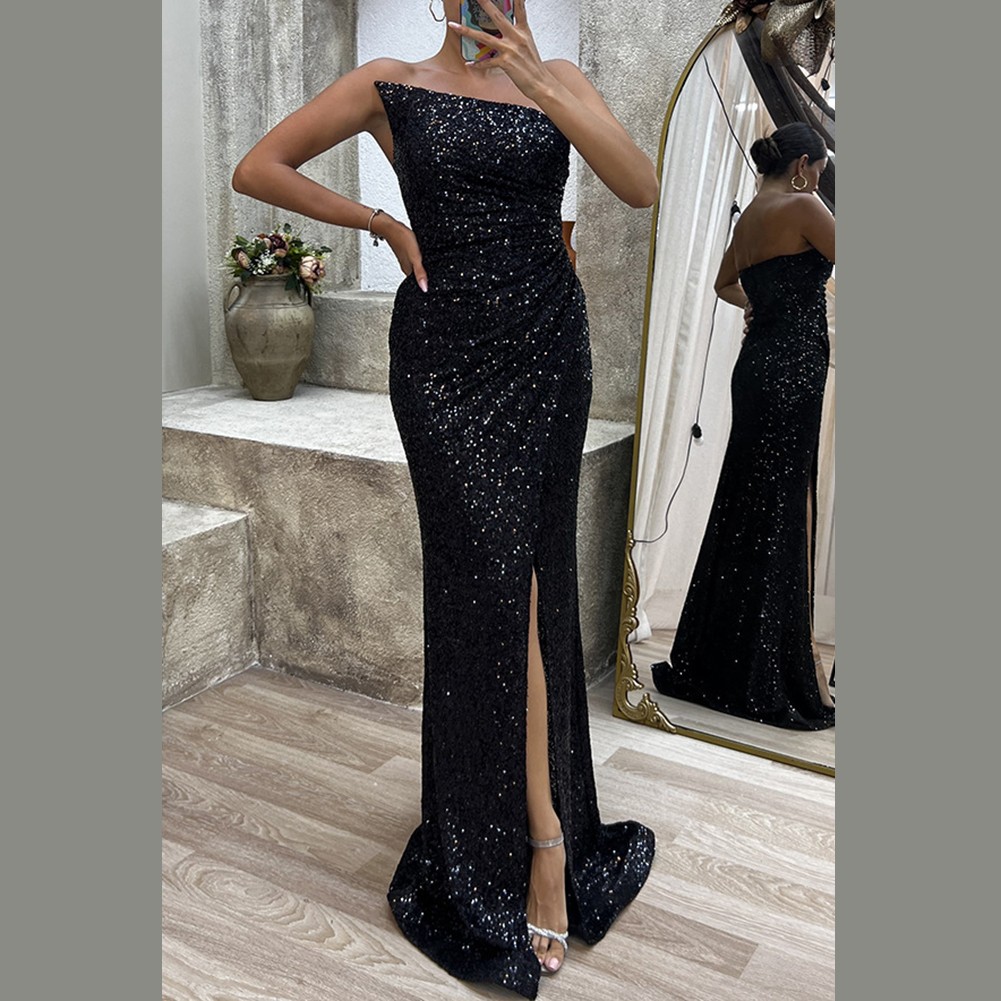 Womens Solid Sequin Strapless Party Dress with Long Split Wrinkles Design - Picture 25 of 32