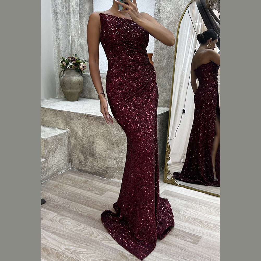 Womens Solid Sequin Strapless Party Dress with Long Split Wrinkles Design - Picture 13 of 32