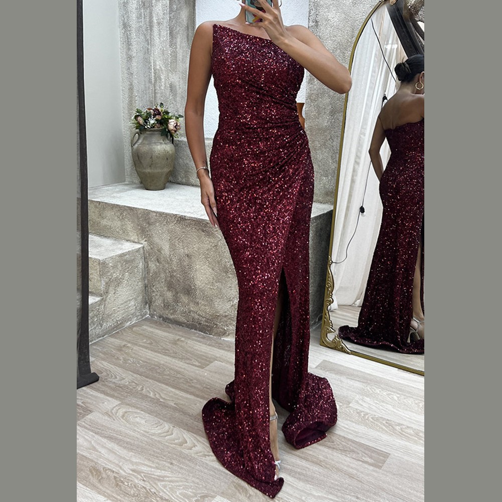 Womens Solid Sequin Strapless Party Dress with Long Split Wrinkles Design - Picture 17 of 32