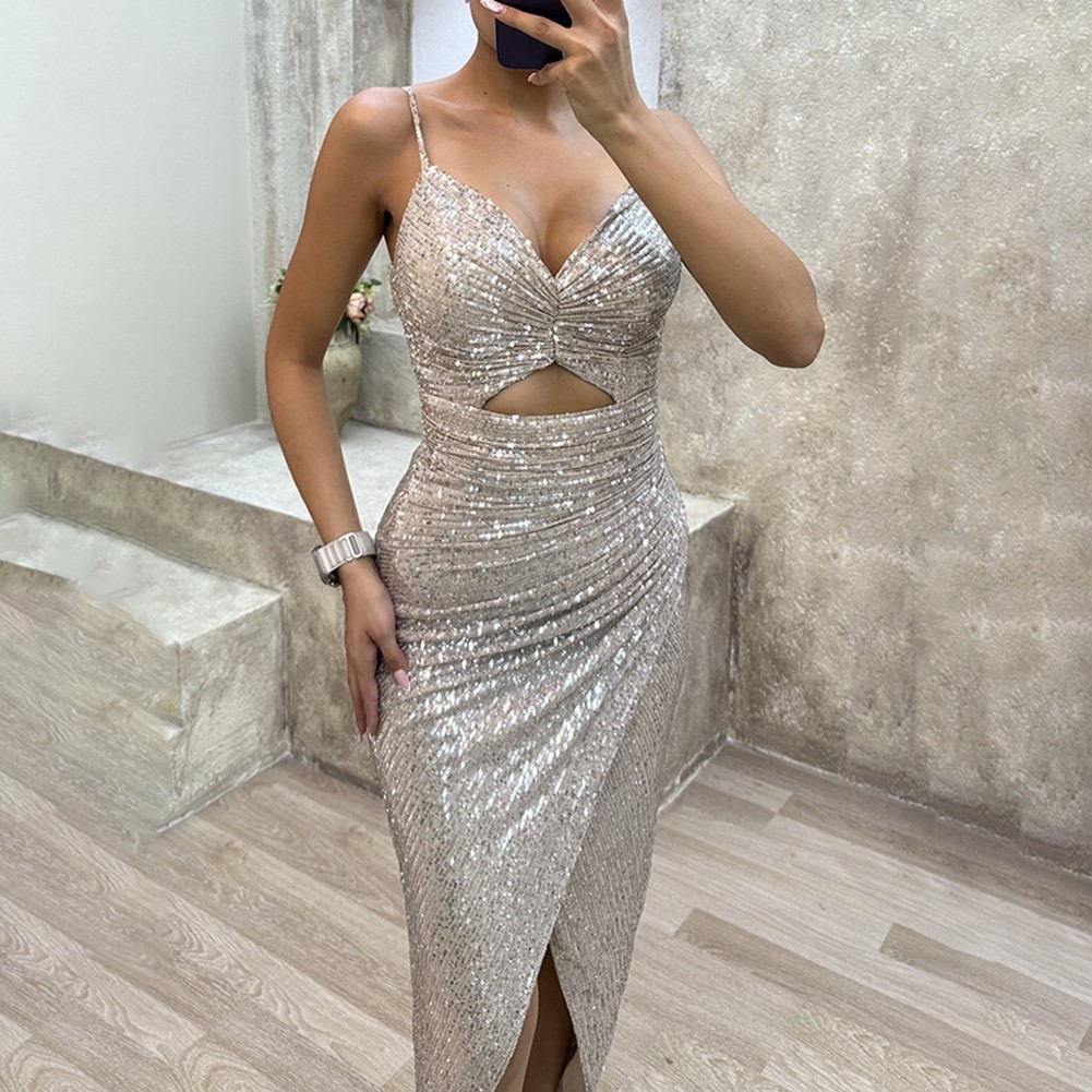Sequined Elegant Maxi Dress for Women V Neck Split Party Banquet Dress - Picture 18 of 18