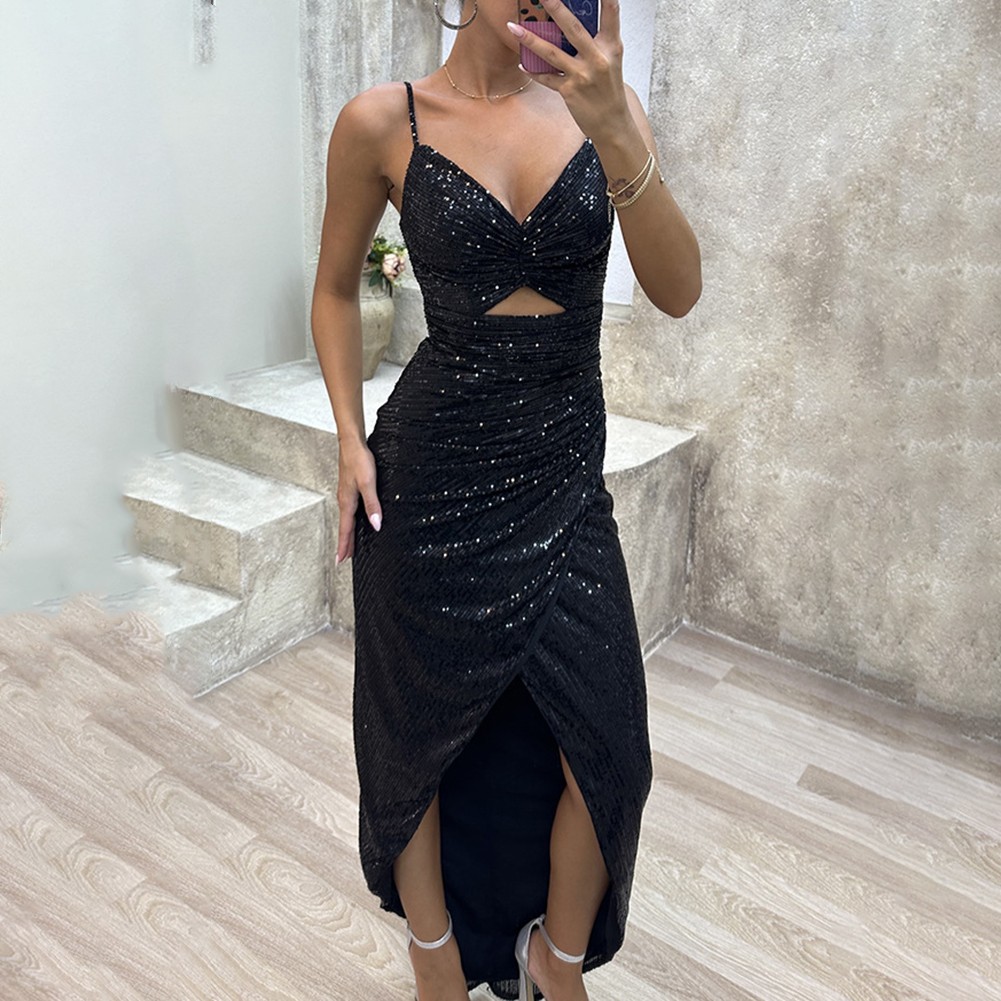 Sequined Elegant Maxi Dress for Women V Neck Split Party Banquet Dress - Picture 11 of 18