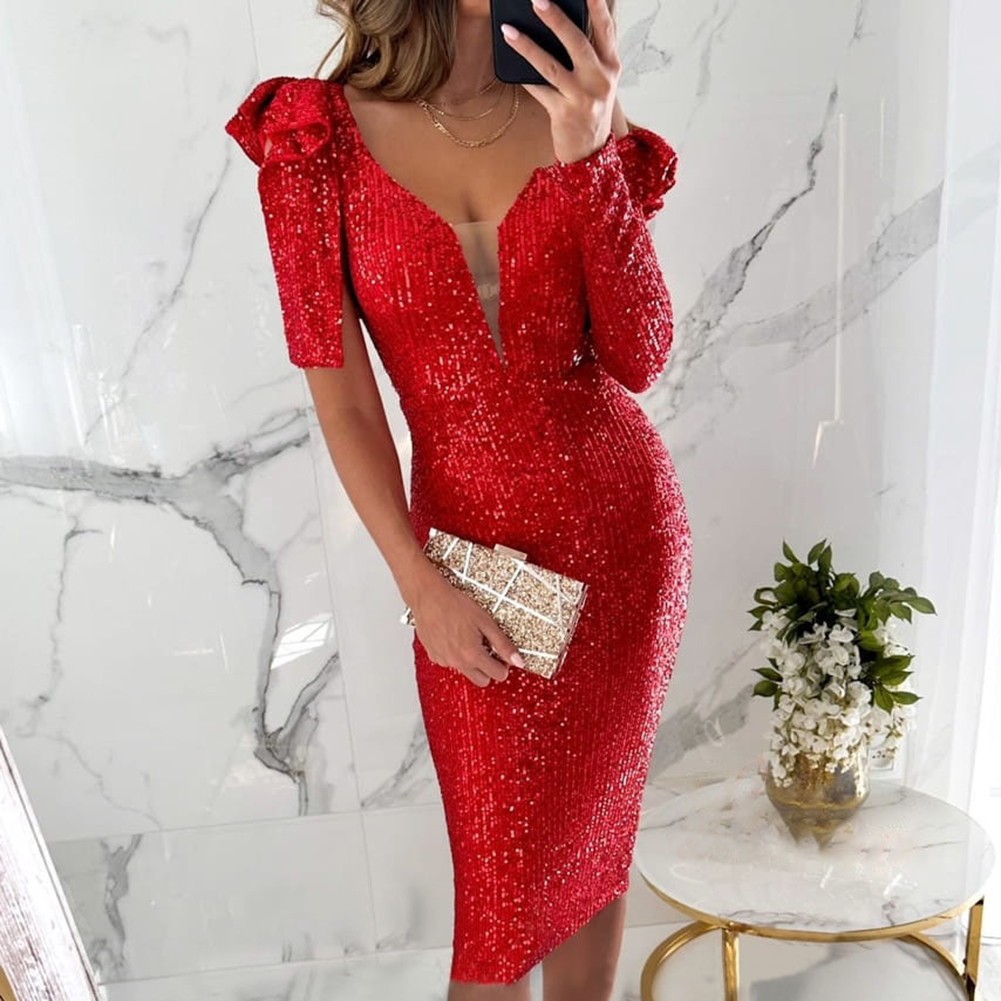 High Waist Sequined Dress Women Hip Wrap Deep V Neck Elegant Evening Outfit - Picture 4 of 24