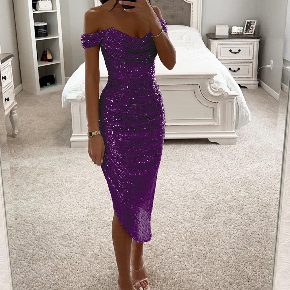 Damen Abendkleid Pailletten Schulterfrei Ballkleid Partykleid mit V-Ausschnitt - Bild 11 von 16