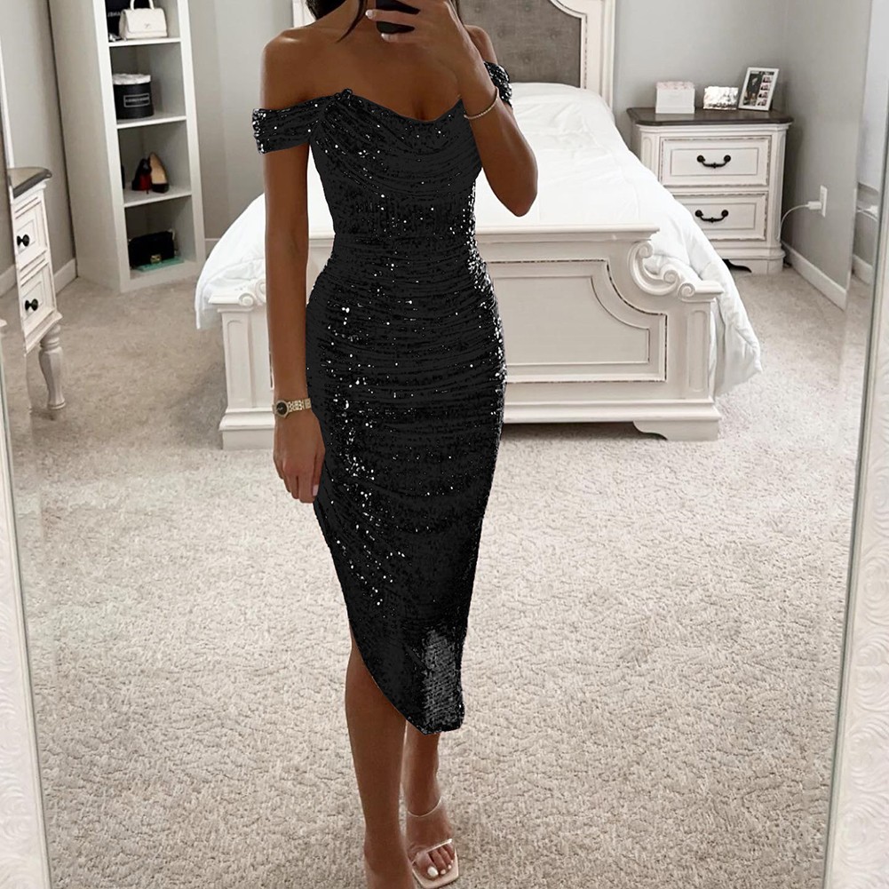 Damen Abendkleid Pailletten Schulterfrei Ballkleid Partykleid mit V-Ausschnitt - Bild 13 von 16