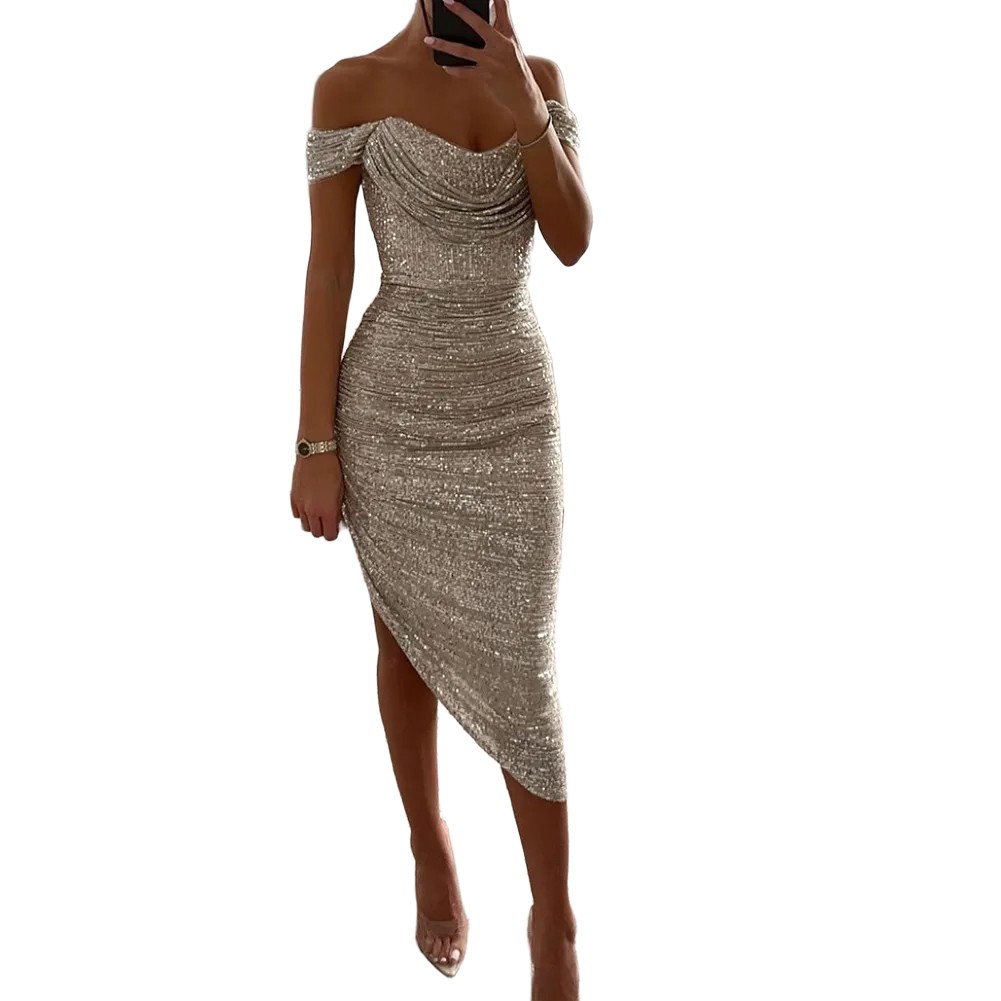 Damen Abendkleid Pailletten Schulterfrei Ballkleid Partykleid mit V-Ausschnitt - Bild 10 von 16