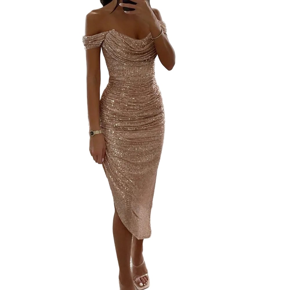 Damen Abendkleid Pailletten Schulterfrei Ballkleid Partykleid mit V-Ausschnitt - Bild 8 von 16