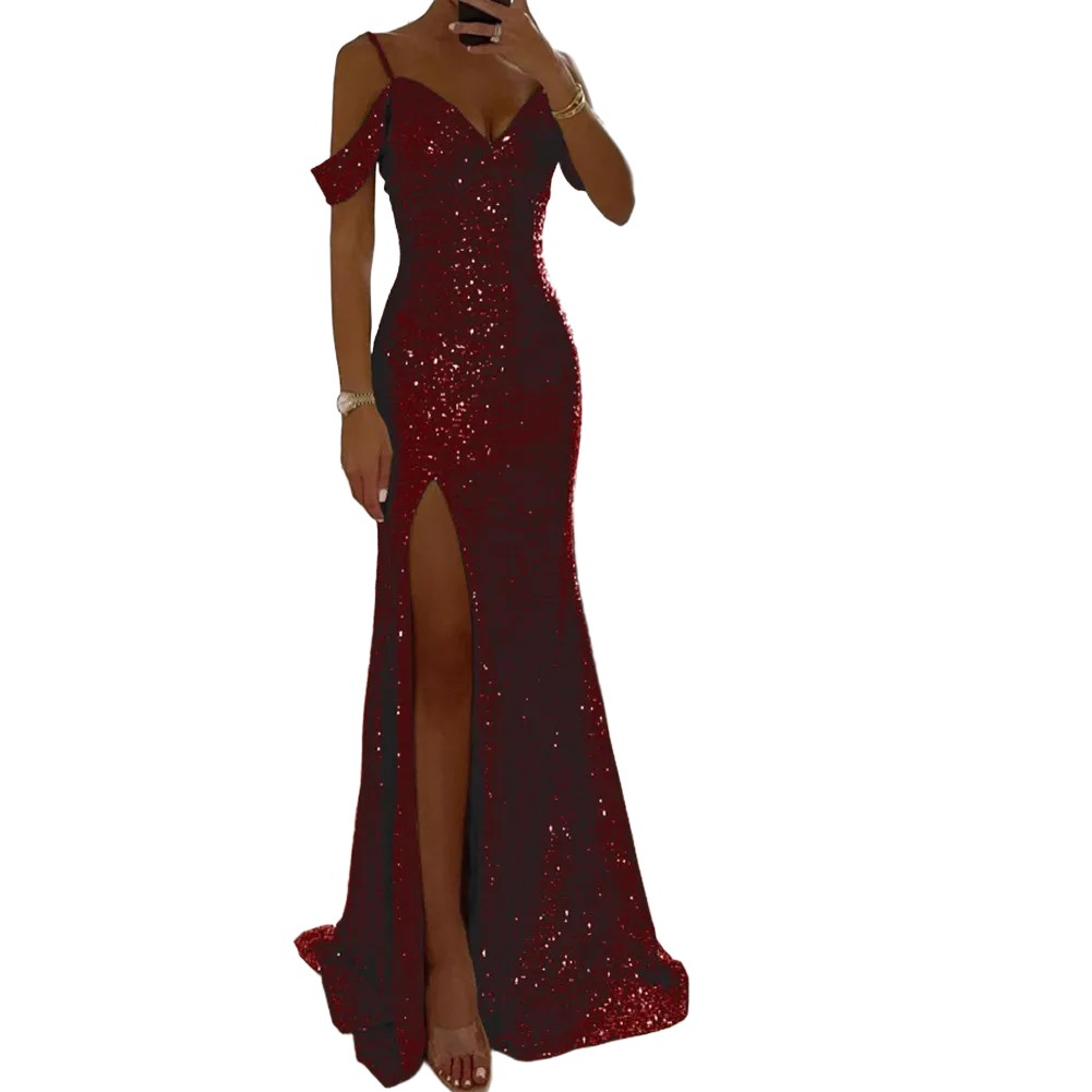 Elegant Women Halter V Neck Sequined Maxi Dress for Party Casual Evening Wear - Picture 19 of 23
