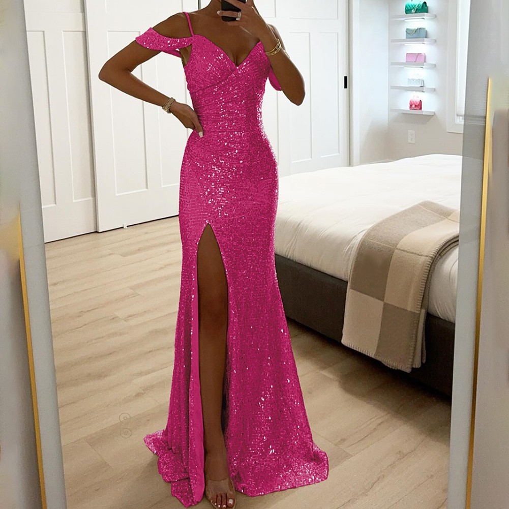 Elegant Women Halter V Neck Sequined Maxi Dress for Party Casual Evening Wear - Picture 21 of 23