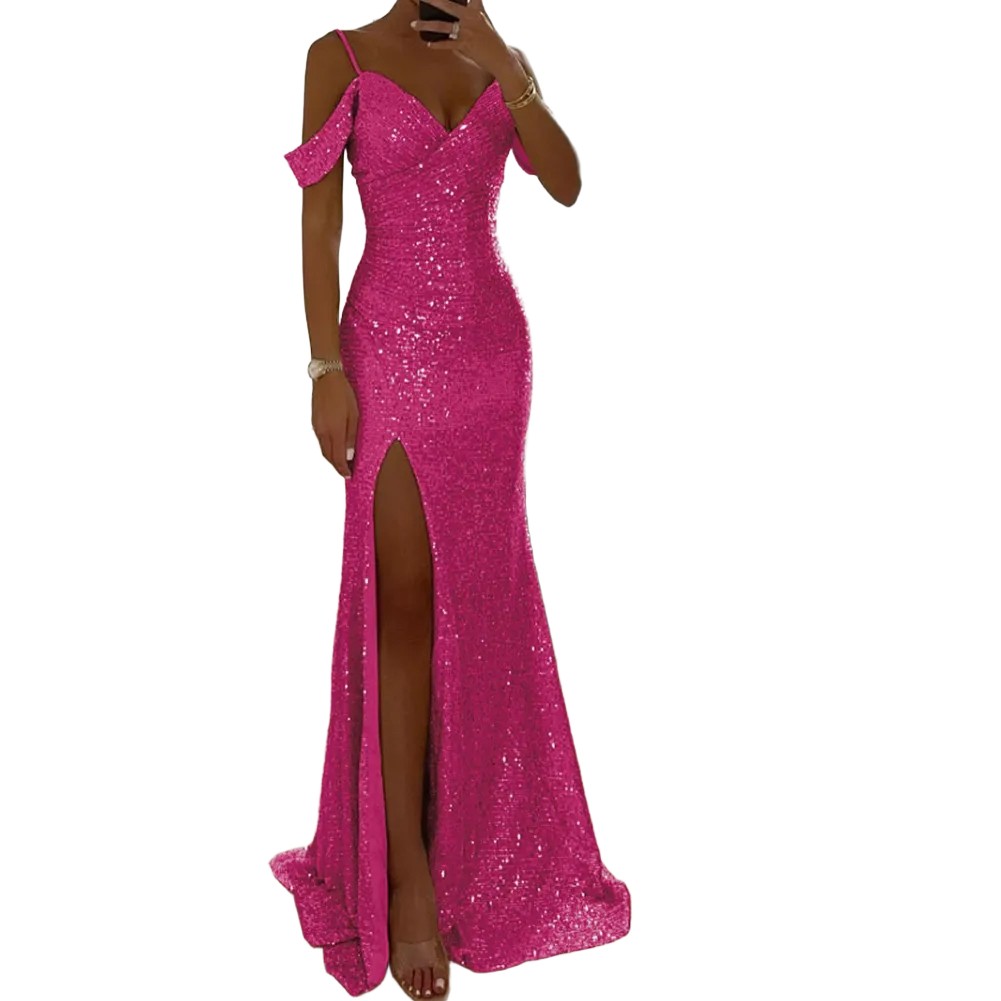 Elegant Women Halter V Neck Sequined Maxi Dress for Party Casual Evening Wear - Picture 22 of 23