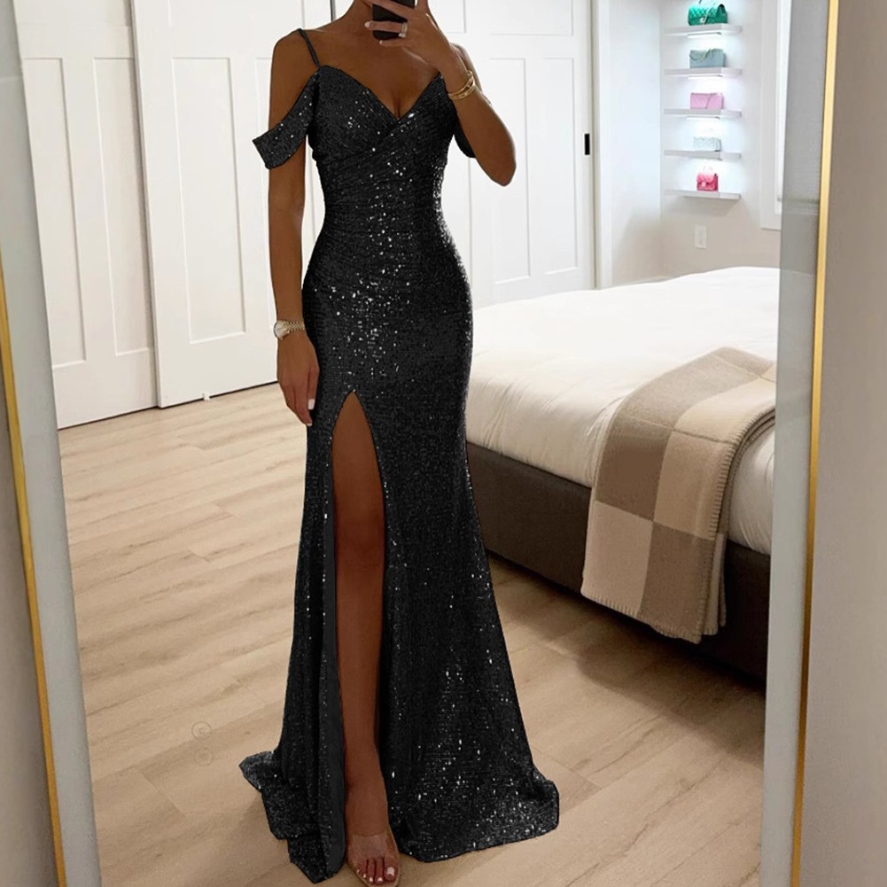 Elegant Women Halter V Neck Sequined Maxi Dress for Party Casual Evening Wear - Picture 14 of 23