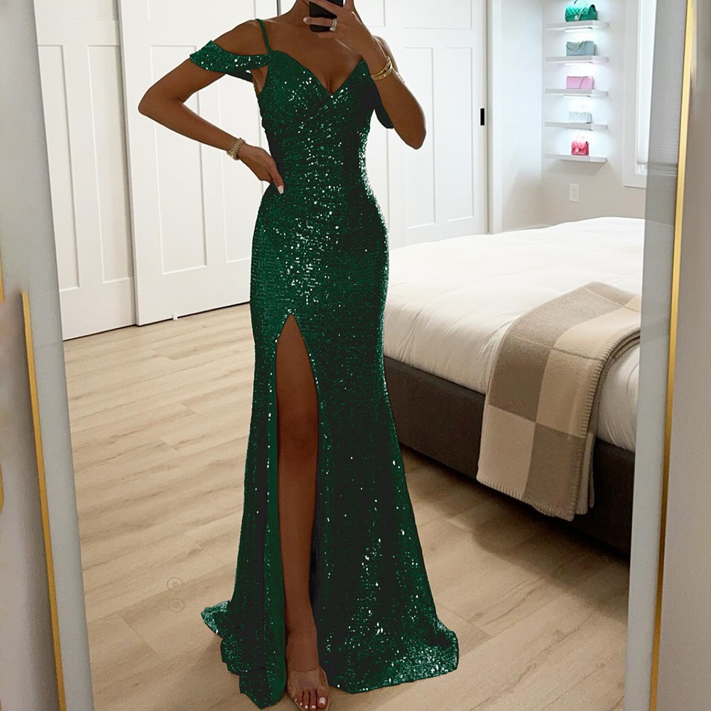 Elegant Women Halter V Neck Sequined Maxi Dress for Party Casual Evening Wear - Picture 15 of 23