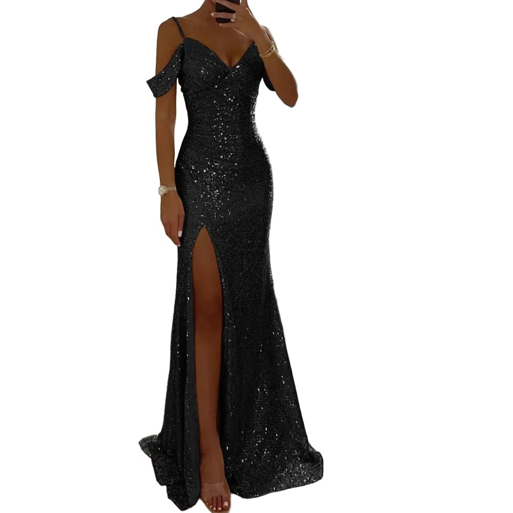 Elegant Women Halter V Neck Sequined Maxi Dress for Party Casual Evening Wear - Picture 13 of 23