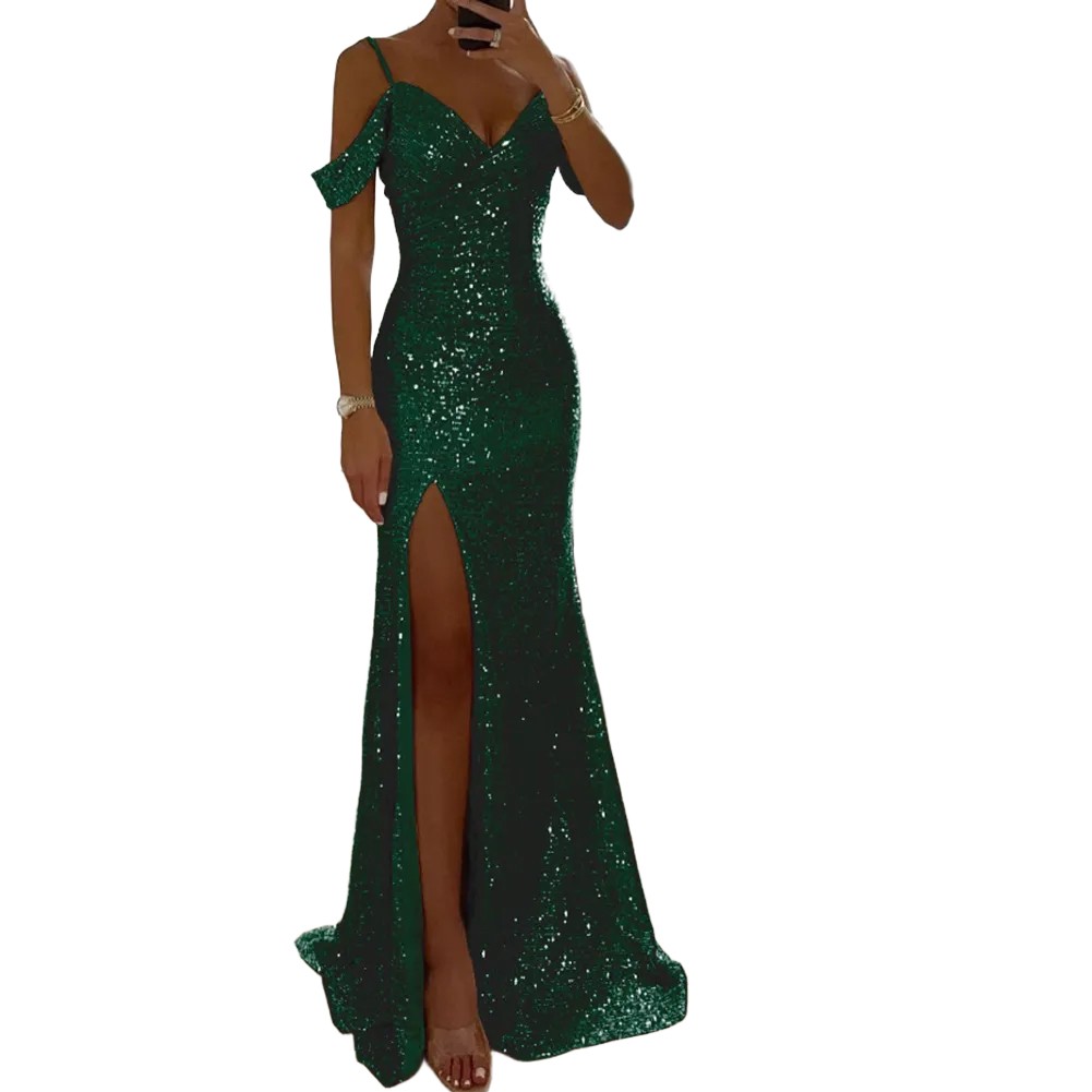 Elegant Women Halter V Neck Sequined Maxi Dress for Party Casual Evening Wear - Picture 16 of 23