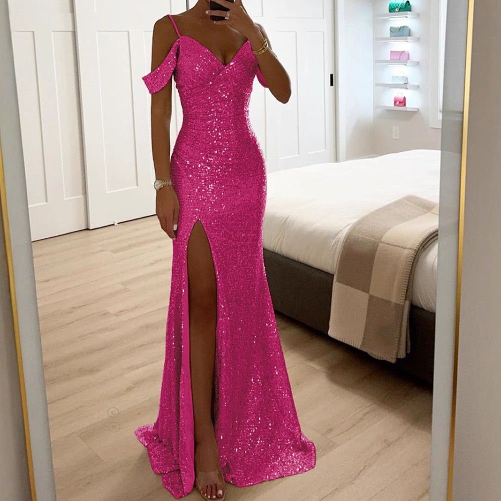 Elegant Women Halter V Neck Sequined Maxi Dress for Party Casual Evening Wear - Picture 23 of 23
