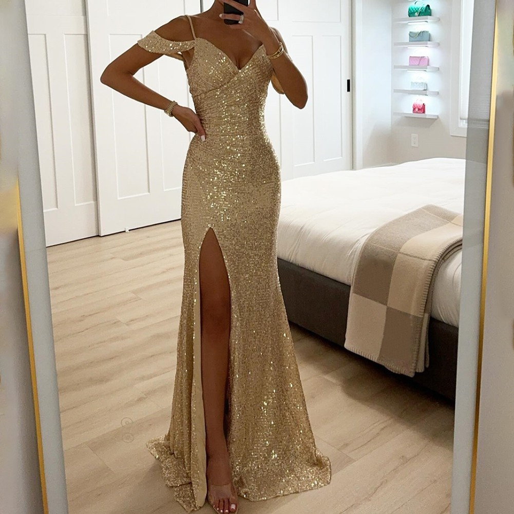 Elegant Women Halter V Neck Sequined Maxi Dress for Party Casual Evening Wear - Picture 9 of 23