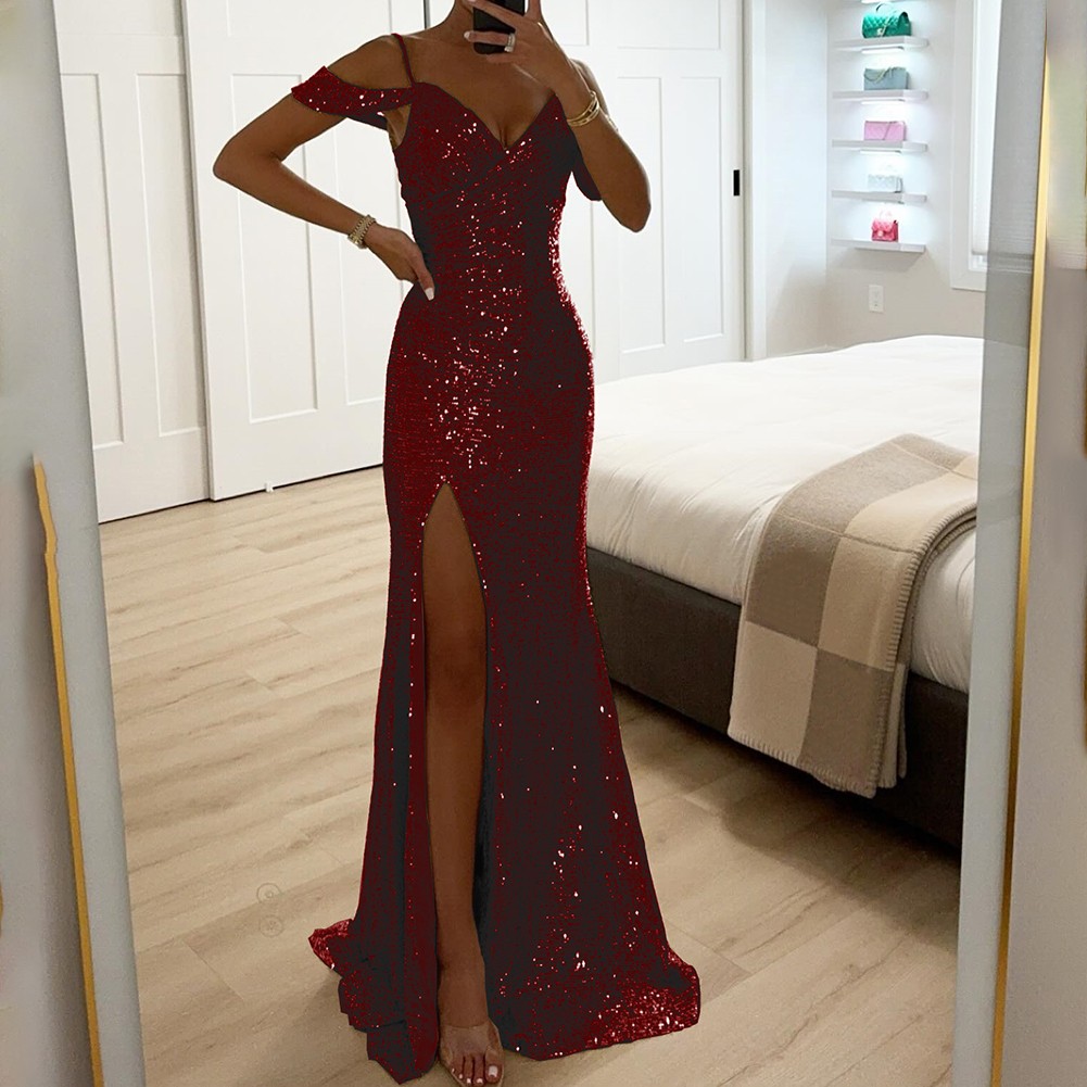 Elegant Women Halter V Neck Sequined Maxi Dress for Party Casual Evening Wear - Picture 18 of 23