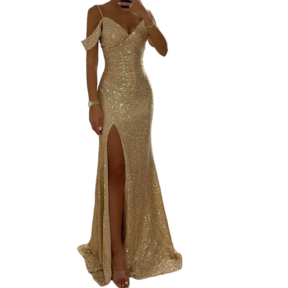 Elegant Women Halter V Neck Sequined Maxi Dress for Party Casual Evening Wear - Picture 10 of 23