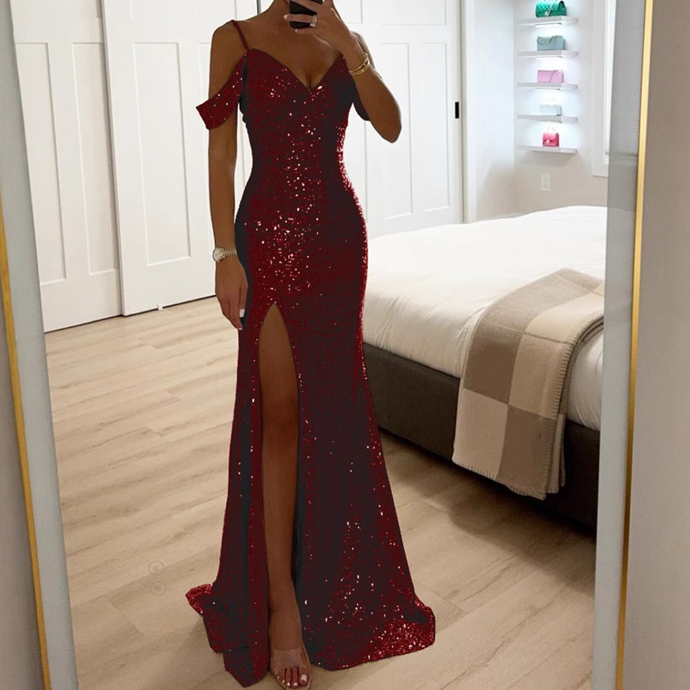 Elegant Women Halter V Neck Sequined Maxi Dress for Party Casual Evening Wear - Picture 20 of 23