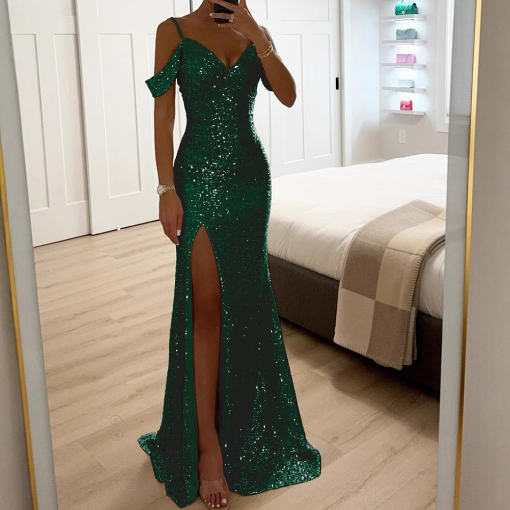 Elegant Women Halter V Neck Sequined Maxi Dress for Party Casual Evening Wear - Picture 17 of 23