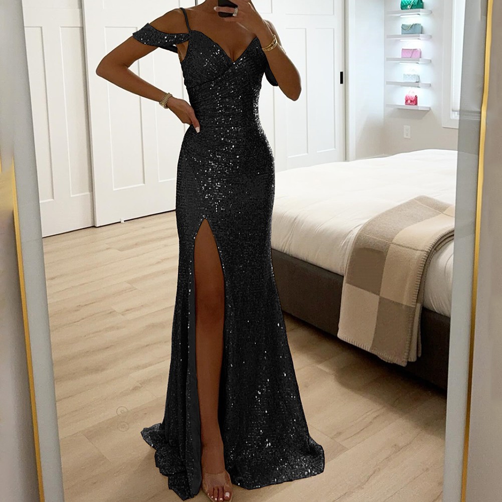 Elegant Women Halter V Neck Sequined Maxi Dress for Party Casual Evening Wear