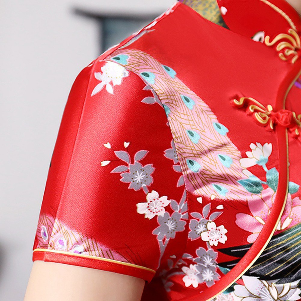 Chinese Print Women Cheongsam Traditional Long Dress Slim Split Standing Collar - Picture 13 of 24