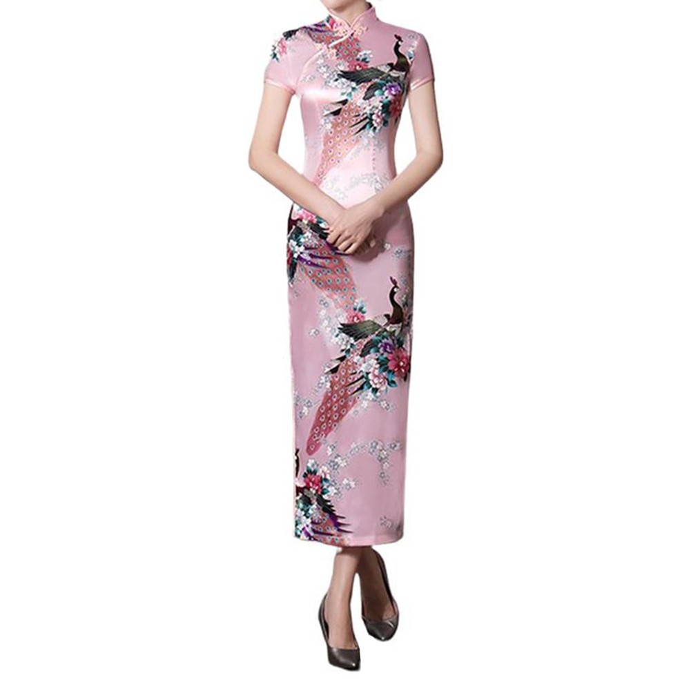 Chinese Print Women Cheongsam Traditional Long Dress Slim Split Standing Collar - Picture 18 of 24