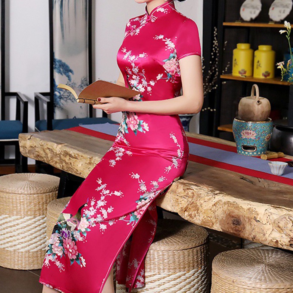 Chinese Print Women Cheongsam Traditional Long Dress Slim Split Standing Collar - Picture 19 of 24