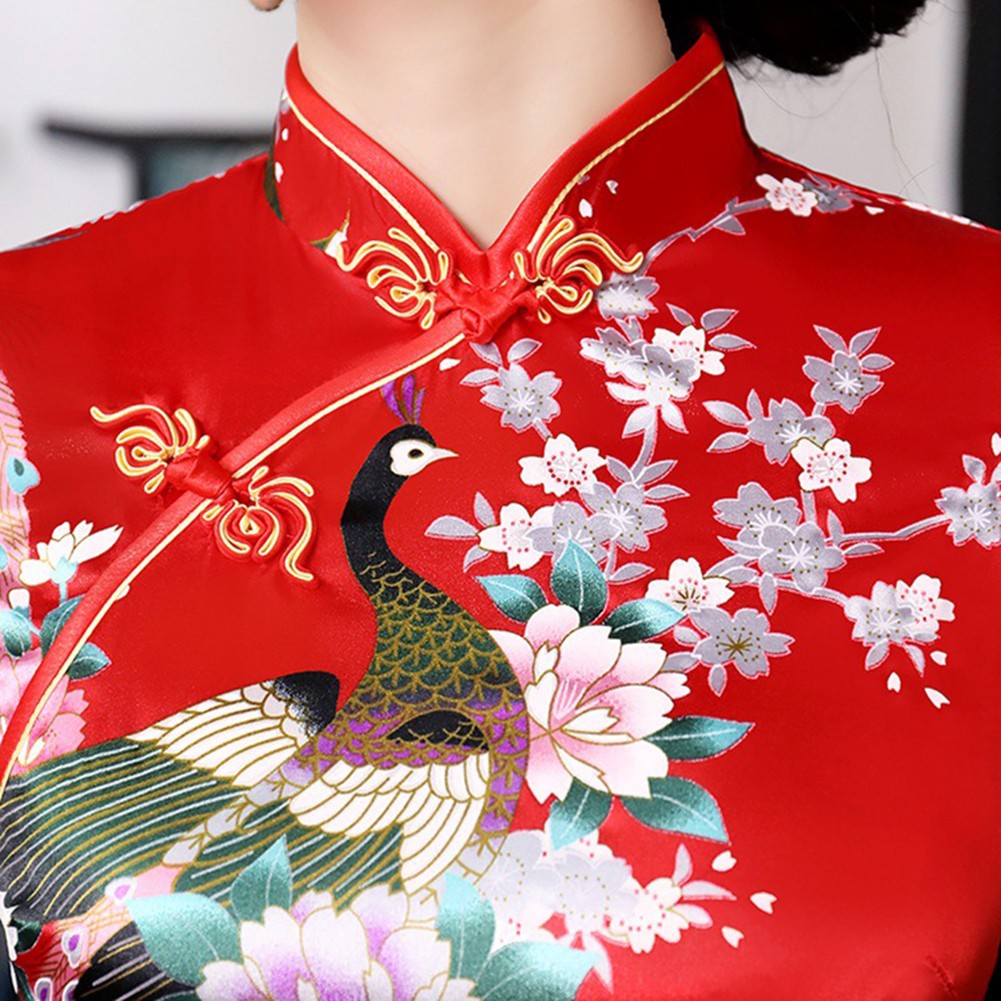 Chinese Print Women Cheongsam Traditional Long Dress Slim Split Standing Collar - Picture 15 of 24
