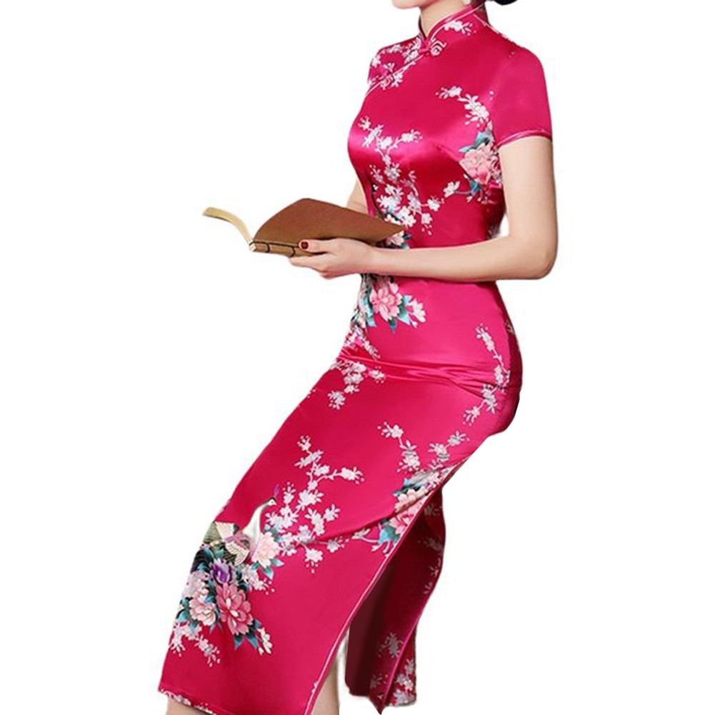 Chinese Print Women Cheongsam Traditional Long Dress Slim Split Standing Collar - Picture 20 of 24