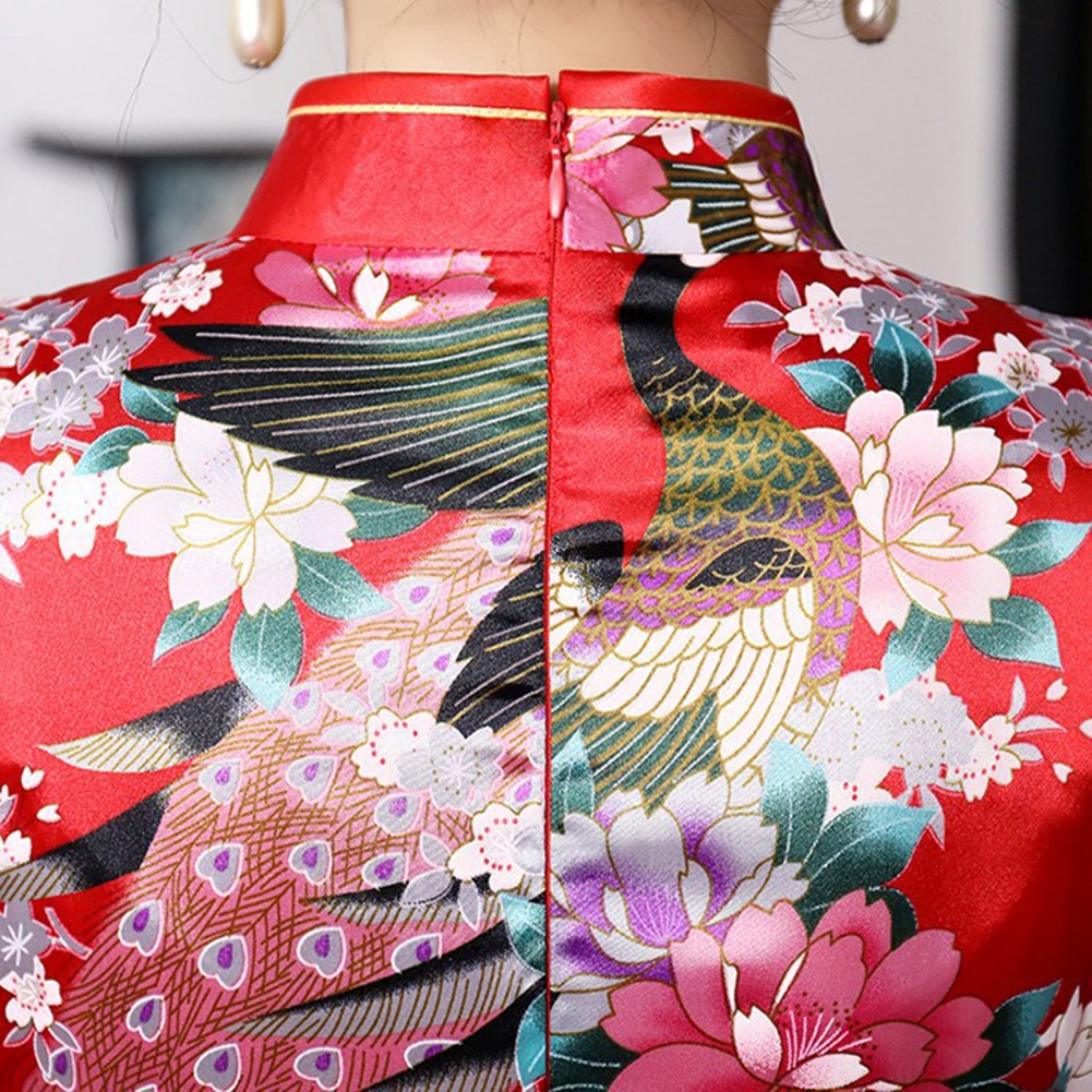 Chinese Print Women Cheongsam Traditional Long Dress Slim Split Standing Collar - Picture 16 of 24