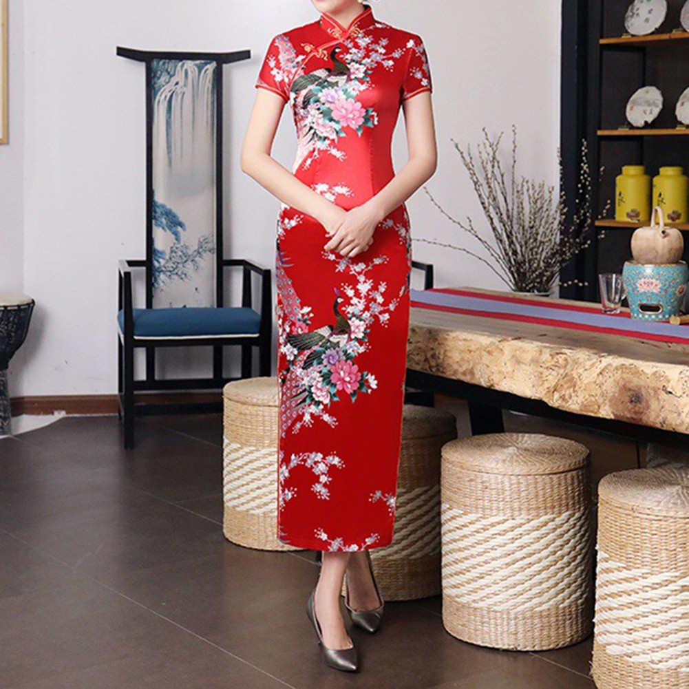 Chinese Print Women Cheongsam Traditional Long Dress Slim Split Standing Collar - Picture 11 of 24