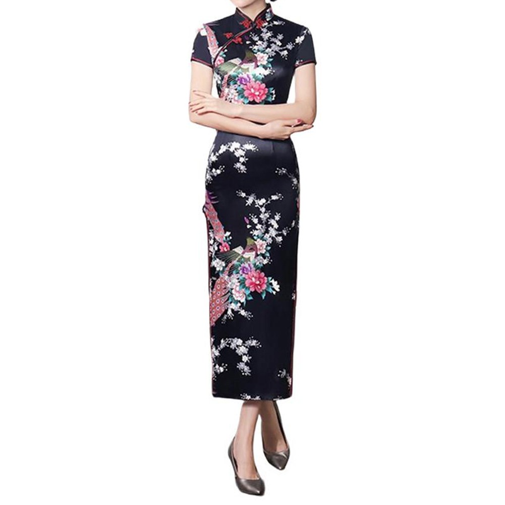 Chinese Print Women Cheongsam Traditional Long Dress Slim Split Standing Collar - Picture 22 of 24