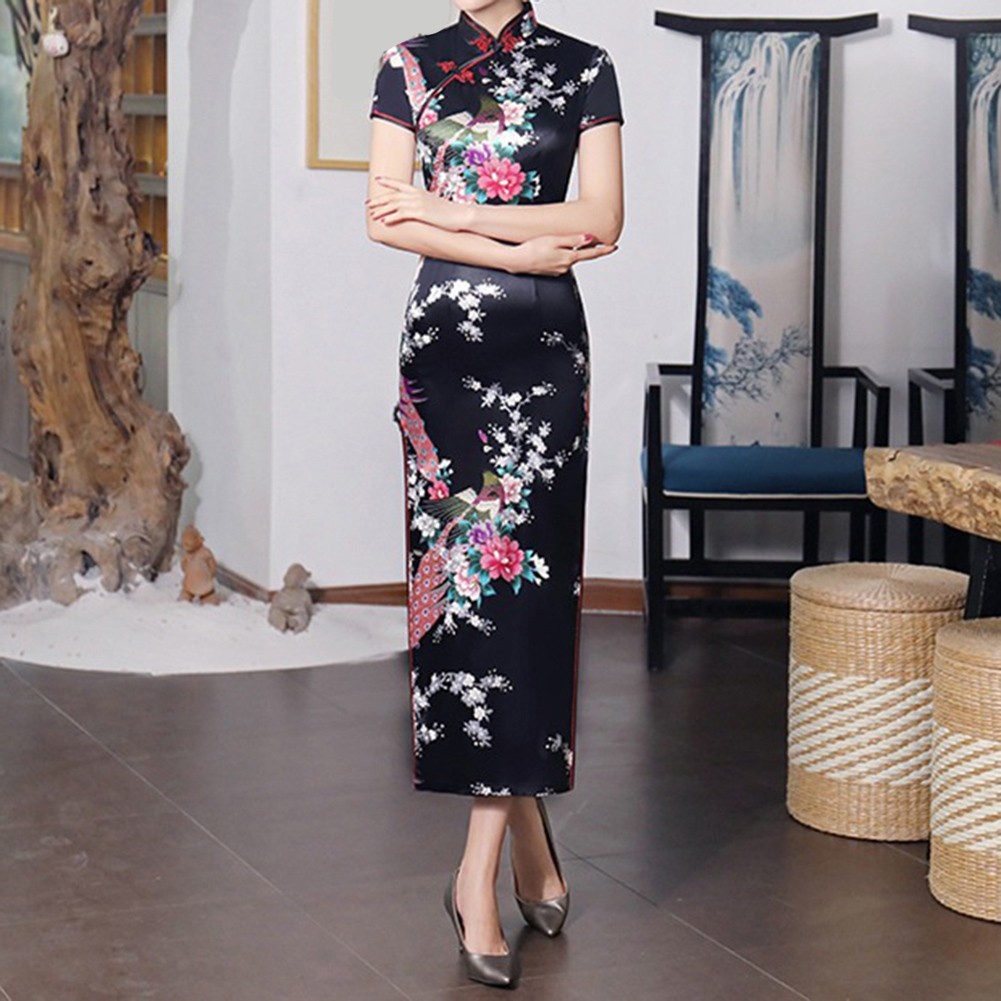 Chinese Print Women Cheongsam Traditional Long Dress Slim Split Standing Collar - Picture 21 of 24