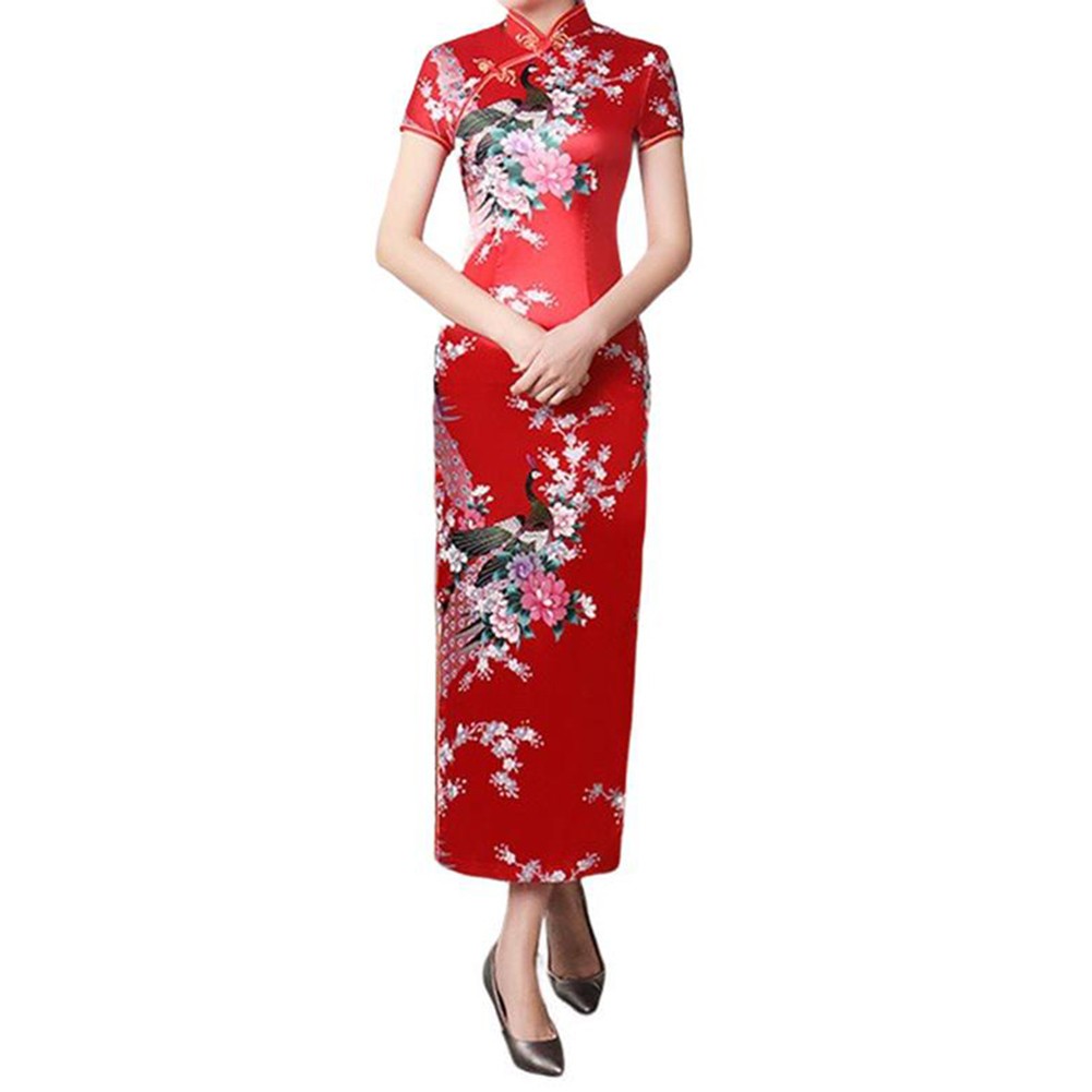 Chinese Print Women Cheongsam Traditional Long Dress Slim Split Standing Collar - Picture 12 of 24