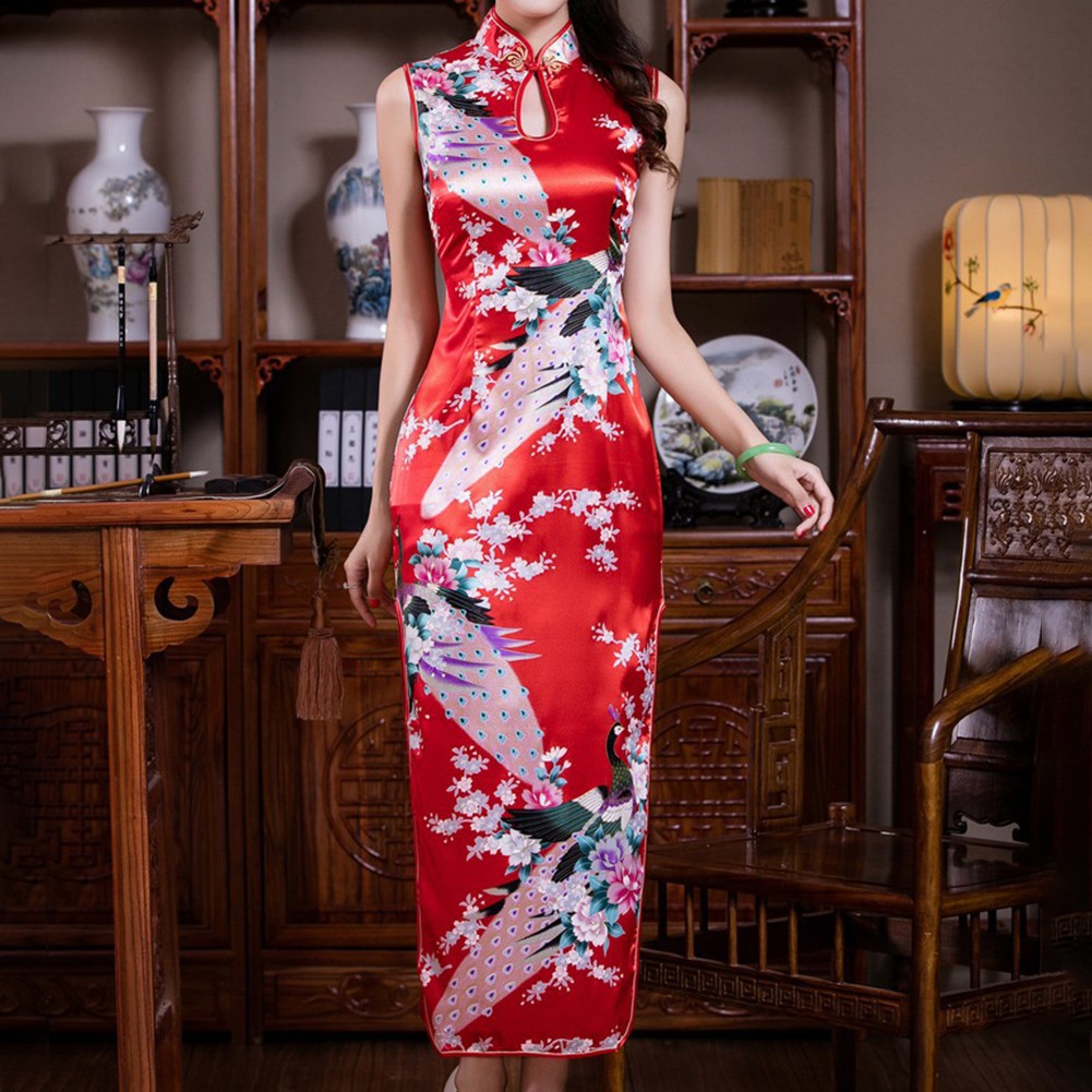 Women Print Chinese Cheongsam Long Dress Slim Split Design Standing Collar