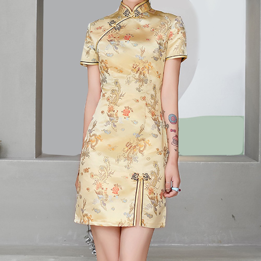 Women Printed Chinese Cheongsam Dress Long Slim Fit Split with Standing Collar - Picture 13 of 24
