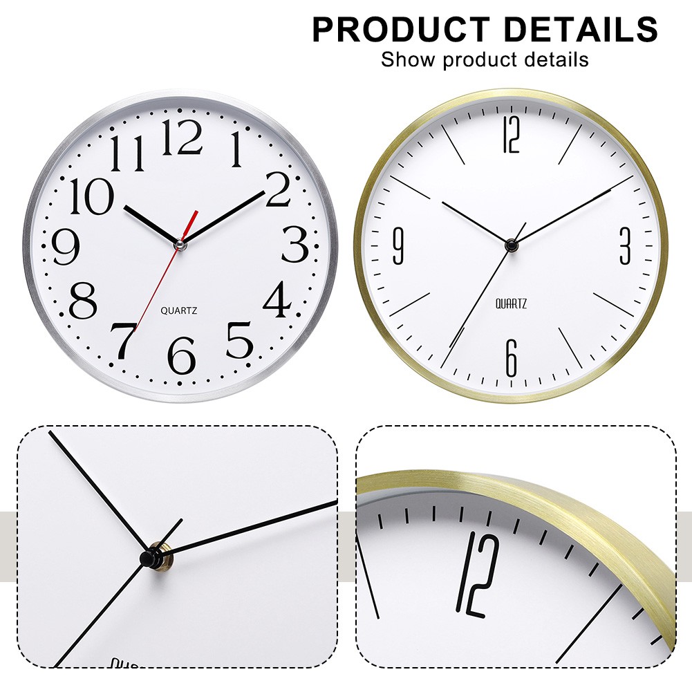 12 Inch Silent Wall Clock Aluminum Frame Large Numbers for Bedroom and Kitchen