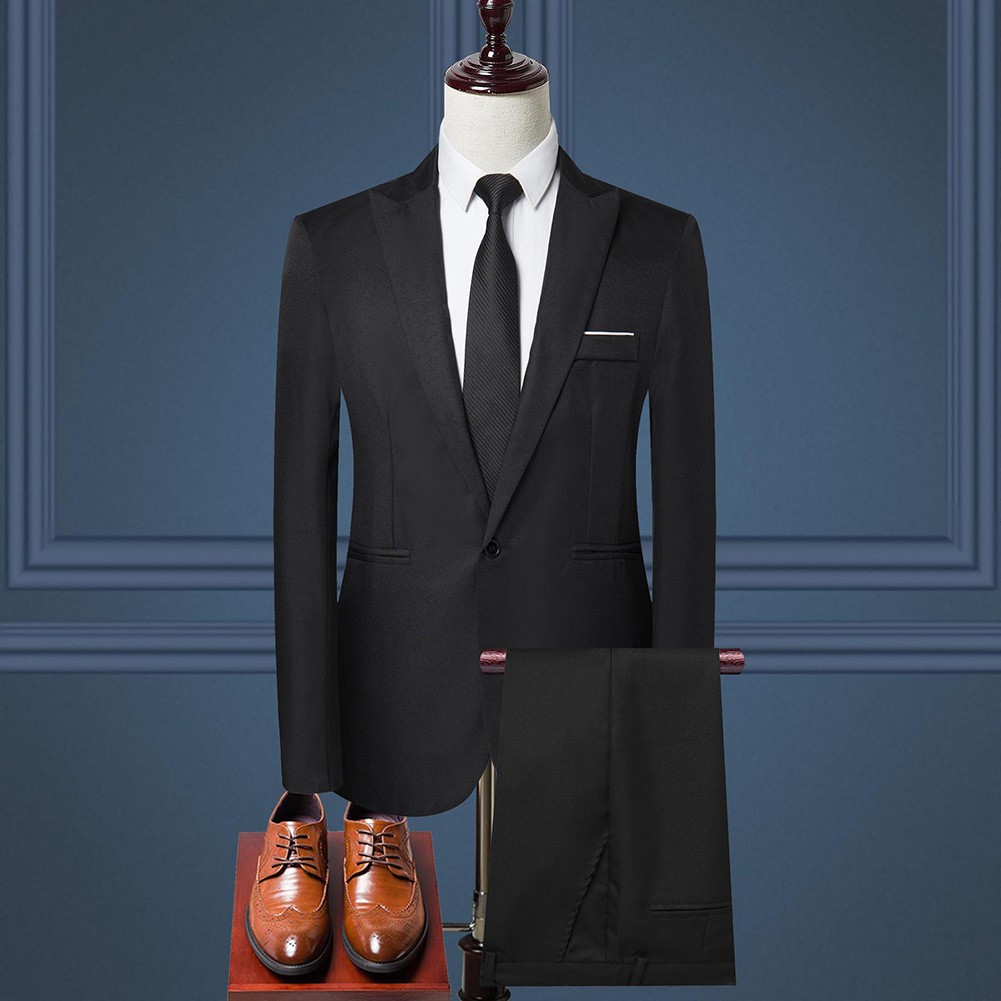 Mens Formal Two Piece Suit Set One Button Lapel Jacket Solid Business Wear