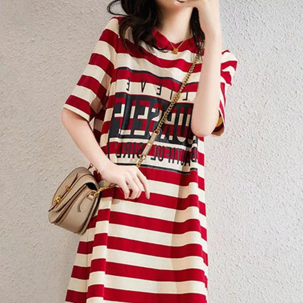 Women Dress Short Sleeve Striped Round Neck Casual Fit for Daily Vacation Use - Picture 5 of 13