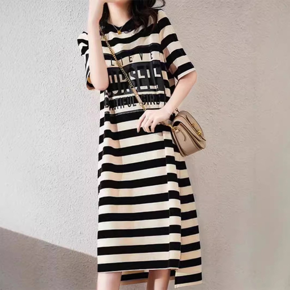 Women Dress Short Sleeve Striped Round Neck Casual Fit for Daily Vacation Use - Picture 4 of 13