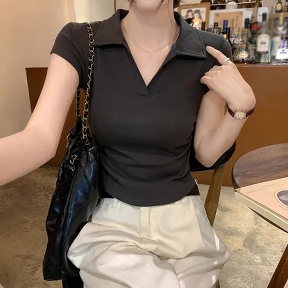 Women Fashion Lapel Waist Cinched Short Sleeve Top for All Season Wear - Picture 13 of 16